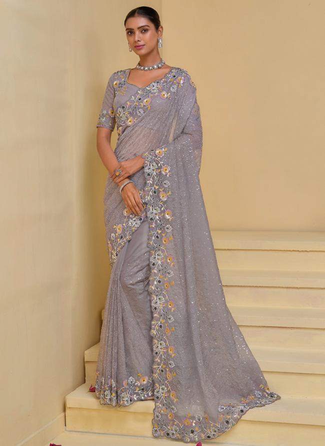 Pure Banarasi Tuscany Grey Wedding Wear Moti Work Saree